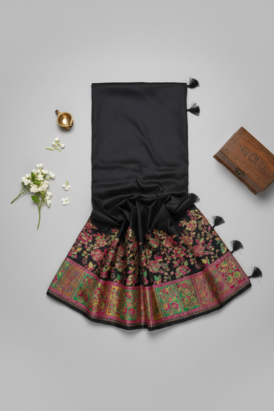 black color munga silk saree with pashmina design zari work