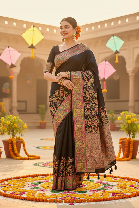 Black color munga silk saree with pashmina design zari work