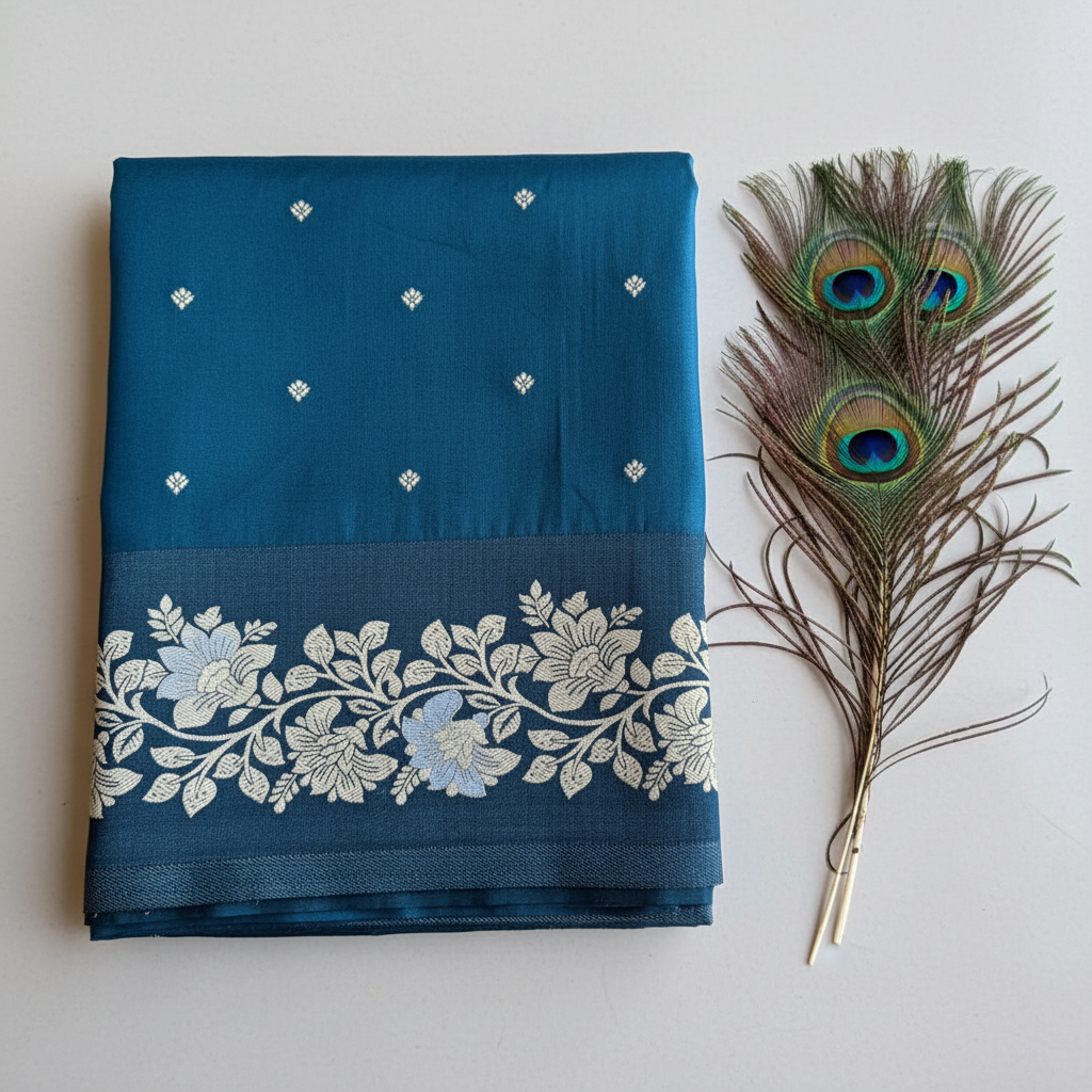 royal blue soft  mercerise  silk pure banarasi saree with floral elegant border goden small motifs all over