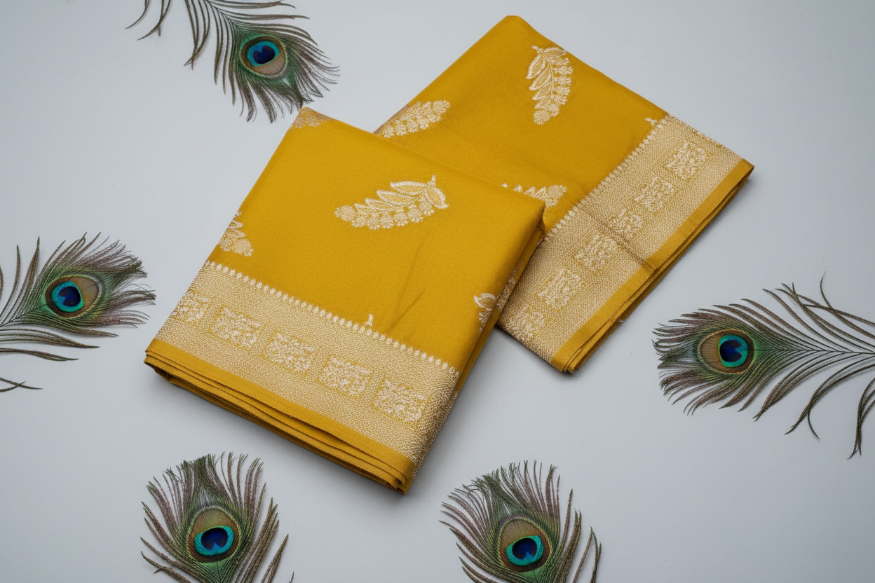 pure chiffon mustard yellow color pure banarasi saree. with zari border