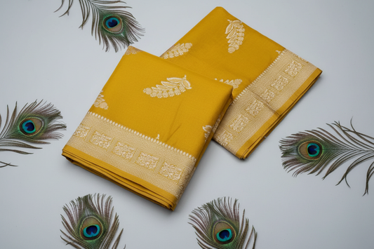 pure chiffon mustard yellow color pure banarasi saree. with zari border