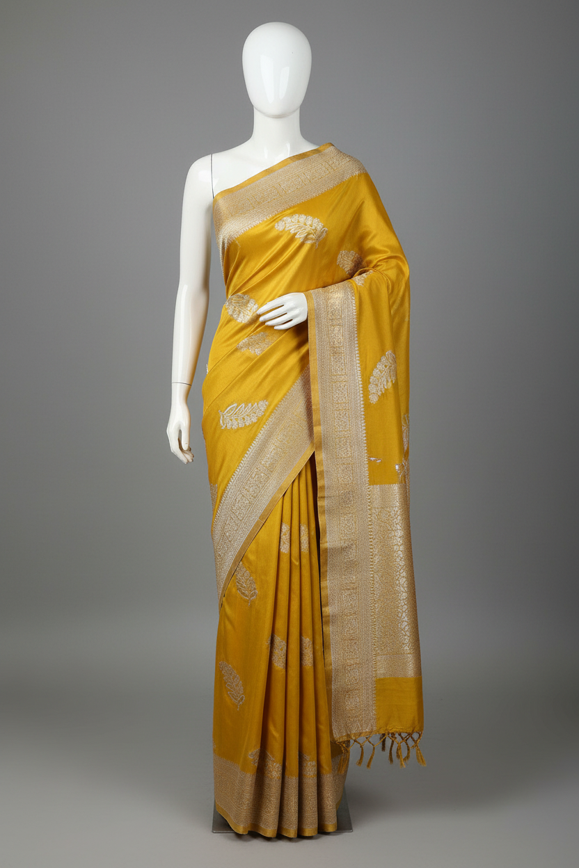 pure chiffon mustard yellow color pure banarasi saree. with zari border
