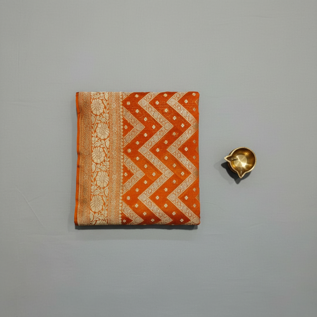 Pure khaddi goergette banarasi saree with beautiful golden zari work orange and light colors multishaded