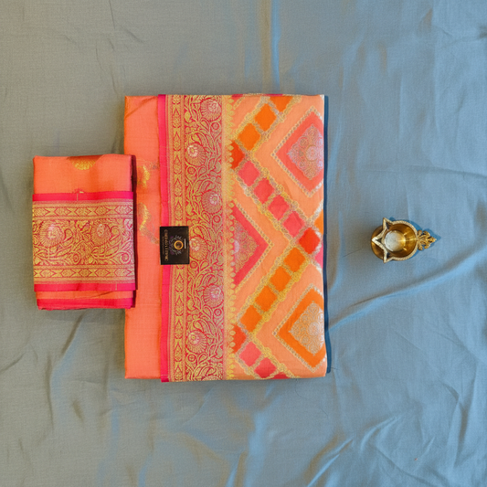 Pure khaddi goergette banarasi saree orange and pink  color bhandani style.