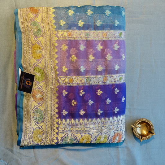 Pure khaddi goergette mina work rangkat saree with beautiful colore blue multishaded banarasi saree