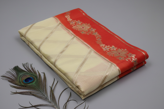 Row mango banarasi saree with golden zari work.