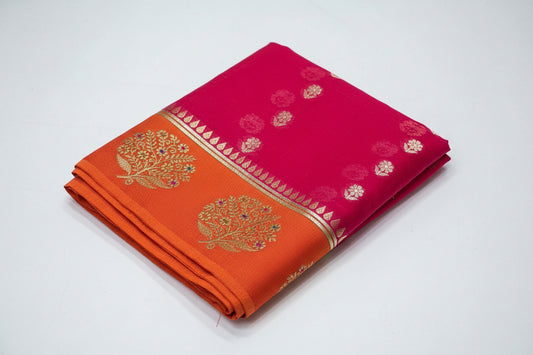 Row mango pink and orange shade banarasi saree.light weight  with beautiful golden zari