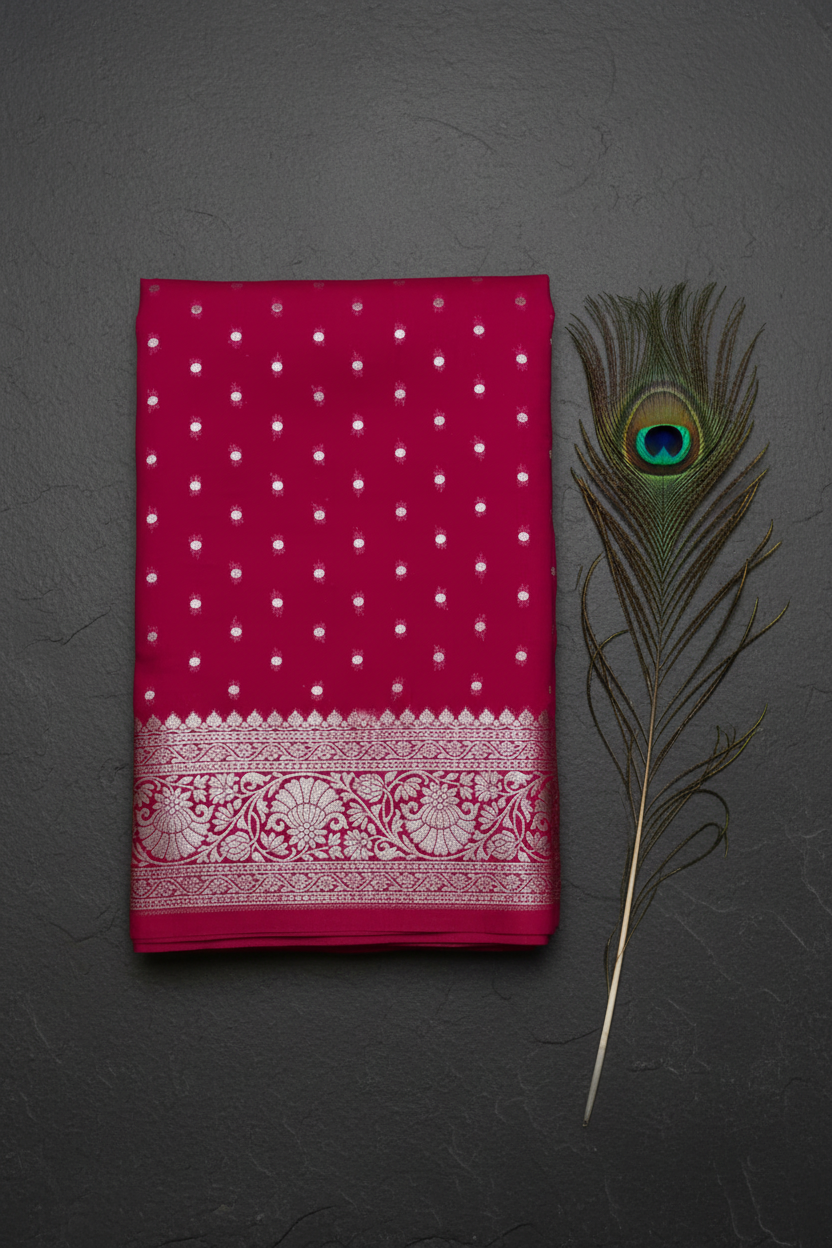 Crush goergette banarasi saree silver zari work.  Dark rani pink color .