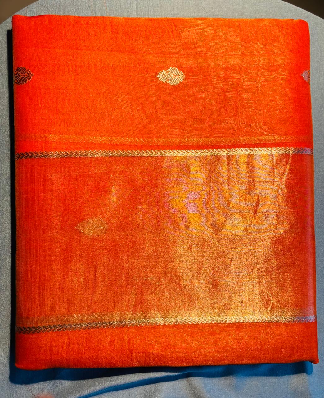 Pure tissue and pure organza saree with golden zari motifs. premium banarasi saree