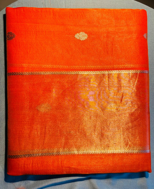 Pure tissue and pure organza saree with golden zari motifs. premium banarasi saree