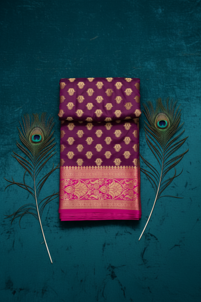 Wine color soft silk banarasi saree with beautiful pallu with golden zari work.