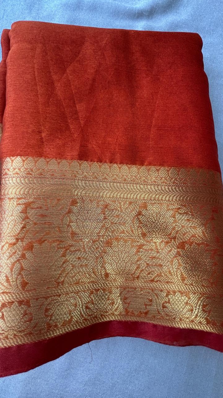 warm silk banrasi saree with golden zari work pallu and blouser